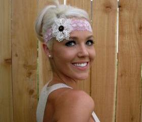 Stretch Lace Headband in Antique Rose with Lace Flower and Natural Vegan Coconut Shell Button