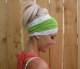 Lime Green Rayon Cotton Jersey Knit Headband with Stretch Lace Trim