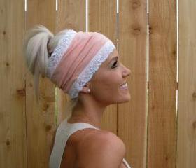 Light Coral (Light Peach) Stretch Knit Headband with Stretch Lace Trim