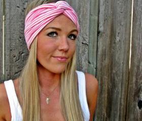 Vintage Turban Style Stretch Jersey Knit Headband in Pink and White Stripes - Multi Ways to Wear