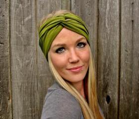 Vintage Turban Style Stretch Rayon Jersey Knit Headband in Moss Green - Multi Ways to Wear