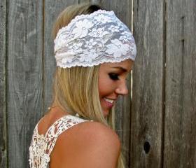 Wide Stretch Lace Headband in Ivory Cream (off white)
