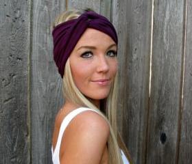 Vintage Turban Style Stretch Jersey Knit Headband in Plum - Multi Ways to Wear