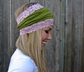 Moss Green Rayon Cotton Jersey Knit Headband with Antique Pink Rose Stretch Lace Trim