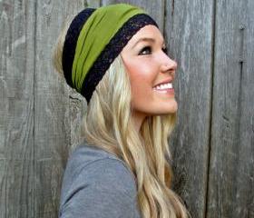 Moss Green Rayon Cotton Jersey Knit Headband with Stretch Lace Trim