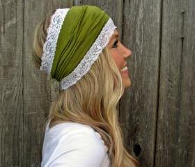 Moss Green Rayon Cotton Jersey Knit Headband with Stretch Lace Trim