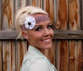 Stretch Lace Headband in Taupe with Lace Flower and Natural Vegan Coconut Shell Button