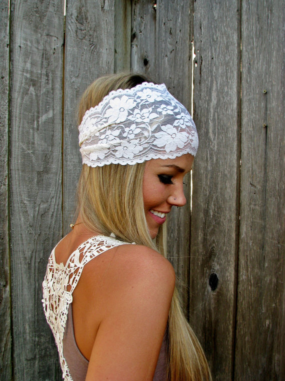 Wide Stretch Lace Fashion Headband In Ivory Cream (off White), Cute