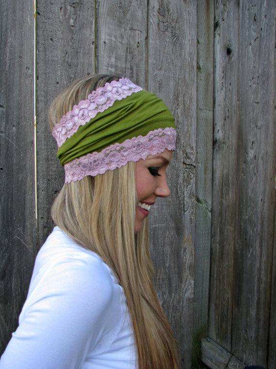 Moss Green Rayon Cotton Jersey Knit Headband With Antique Pink Rose