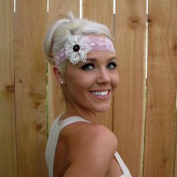 Stretch Lace Headband in Antique Rose with Lace Flower and Natural Vegan Coconut Shell Button