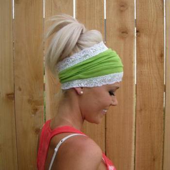 Lime Green Rayon Cotton Jersey Knit Headband with Stretch Lace Trim