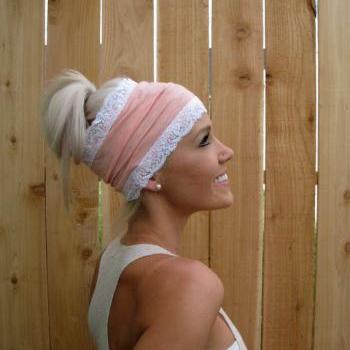 Light Coral (Light Peach) Stretch Knit Headband with Stretch Lace Trim