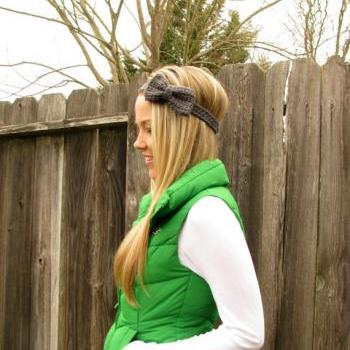 Charcoal Grey Bow Headband with Natural Vegan Coconut Shell Buttons - Adjustable
