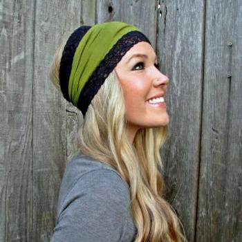Moss Green Rayon Cotton Jersey Knit Headband with Stretch Lace Trim